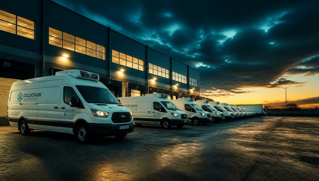 Refrigerated delivery vans lined up outside the distribution centre at dusk