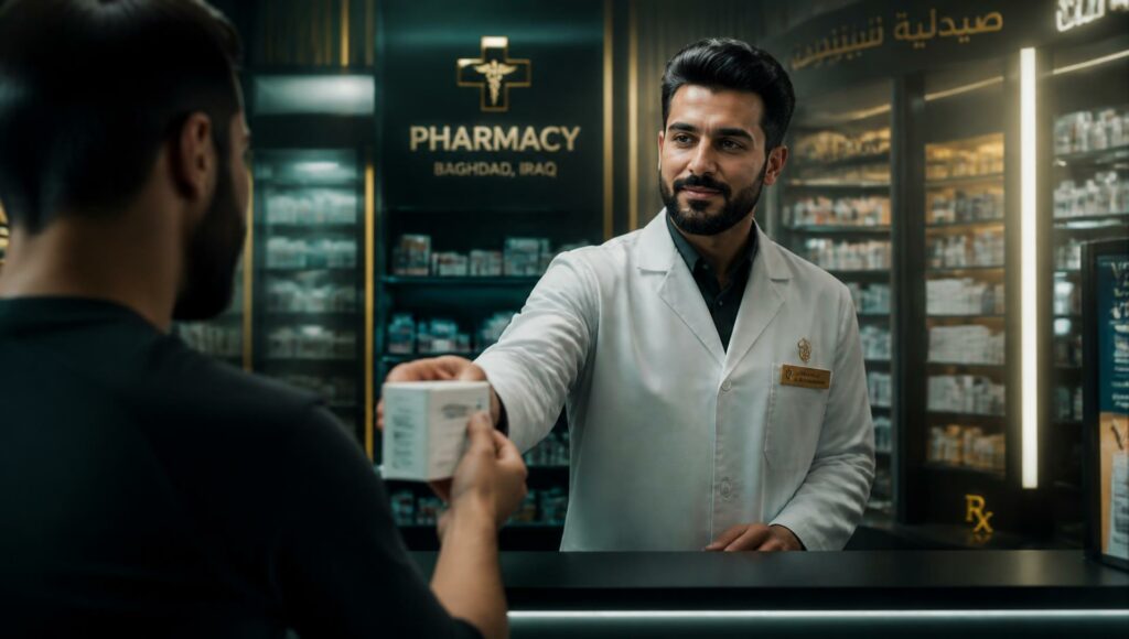 Pharmacist handing medicine to a customer at a Baghdad pharmacy counter