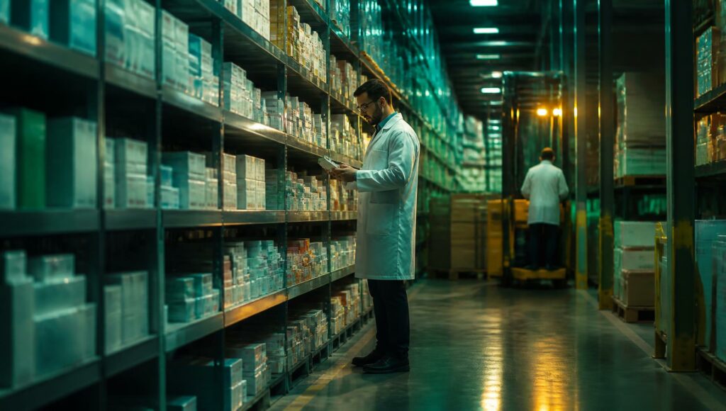 Pharmacist checking stock inside the Mazaya Baghdad medicine warehouse